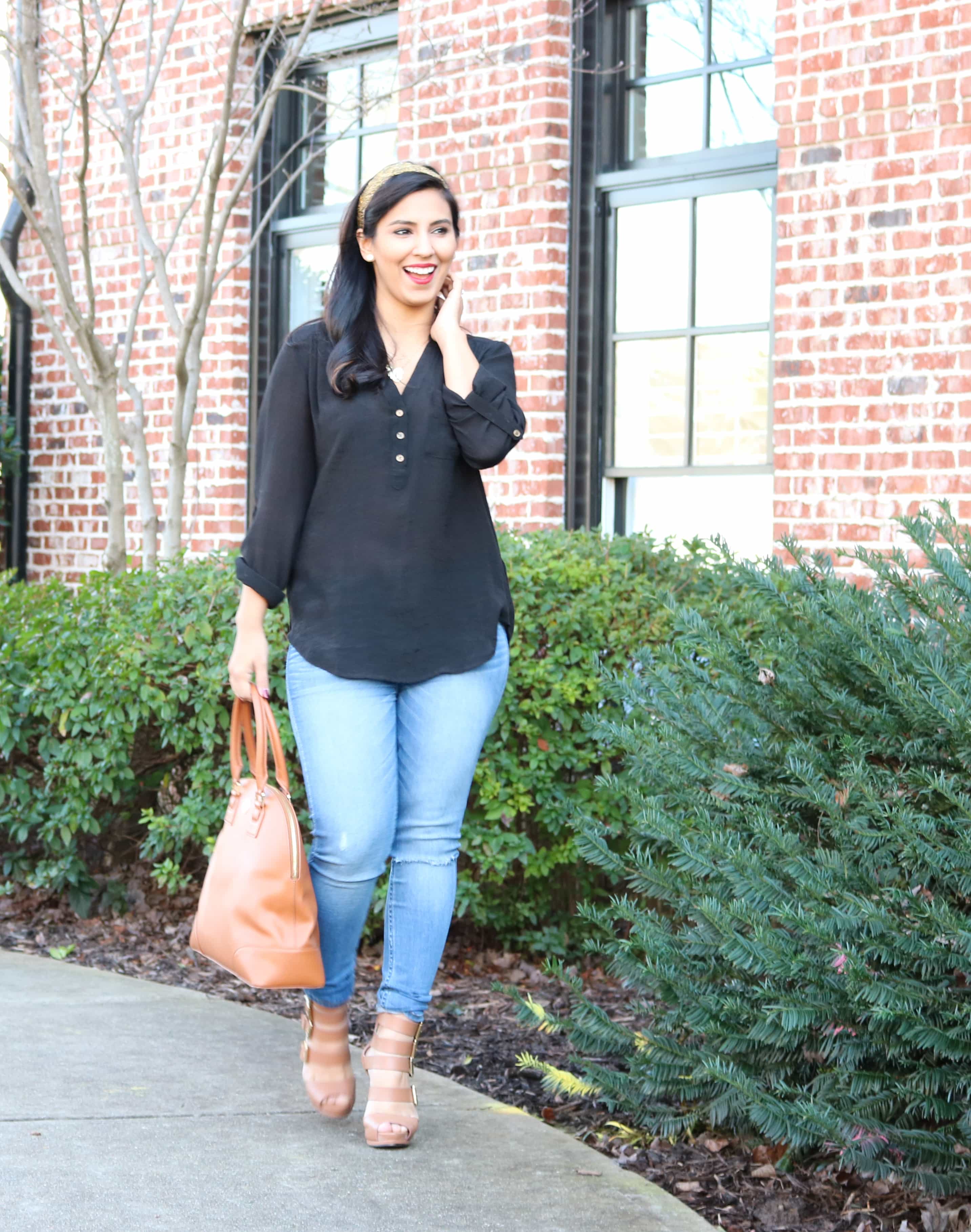 gold headband, headband, gold, black tunic, black shirt, lark heels, chinese laundry heels, abercrombie, abercrombie jeans, tory burch satchel, tory burch purse, tory burch