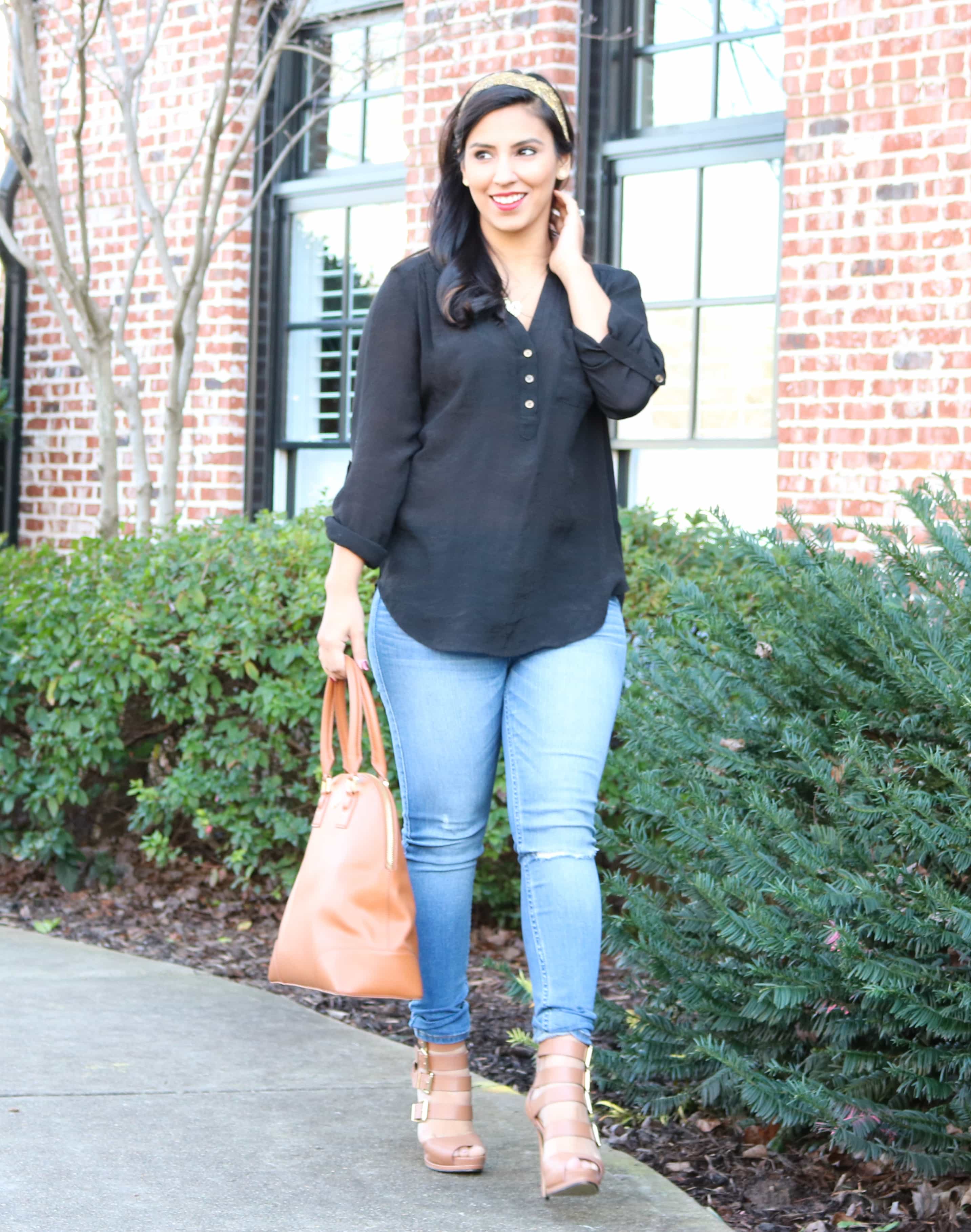 gold headband, headband, gold, black tunic, black shirt, lark heels, chinese laundry heels, abercrombie, abercrombie jeans, tory burch satchel, tory burch purse, tory burch