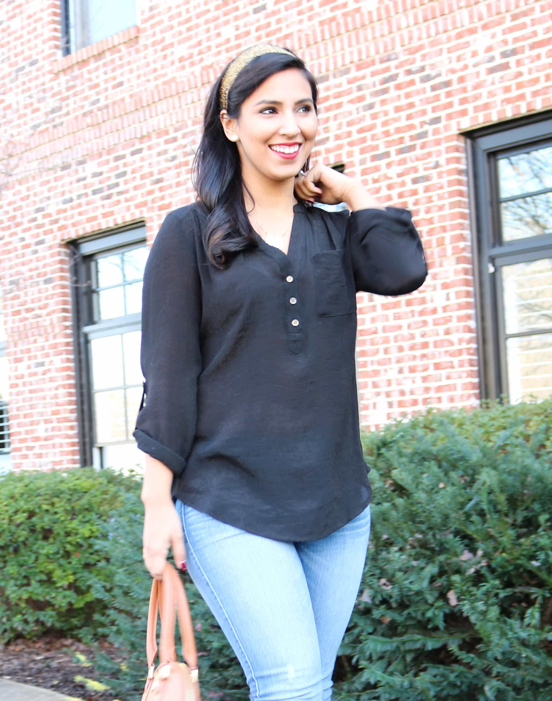 gold headband, headband, gold, black tunic, black shirt, lark heels, chinese laundry heels, abercrombie, abercrombie jeans, tory burch satchel, tory burch purse, tory burch